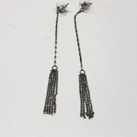 Stylish Women's Polished Silver-tone Hoop Fringed Drop Dangle Earrings - 4" long - Picture 3 of 5